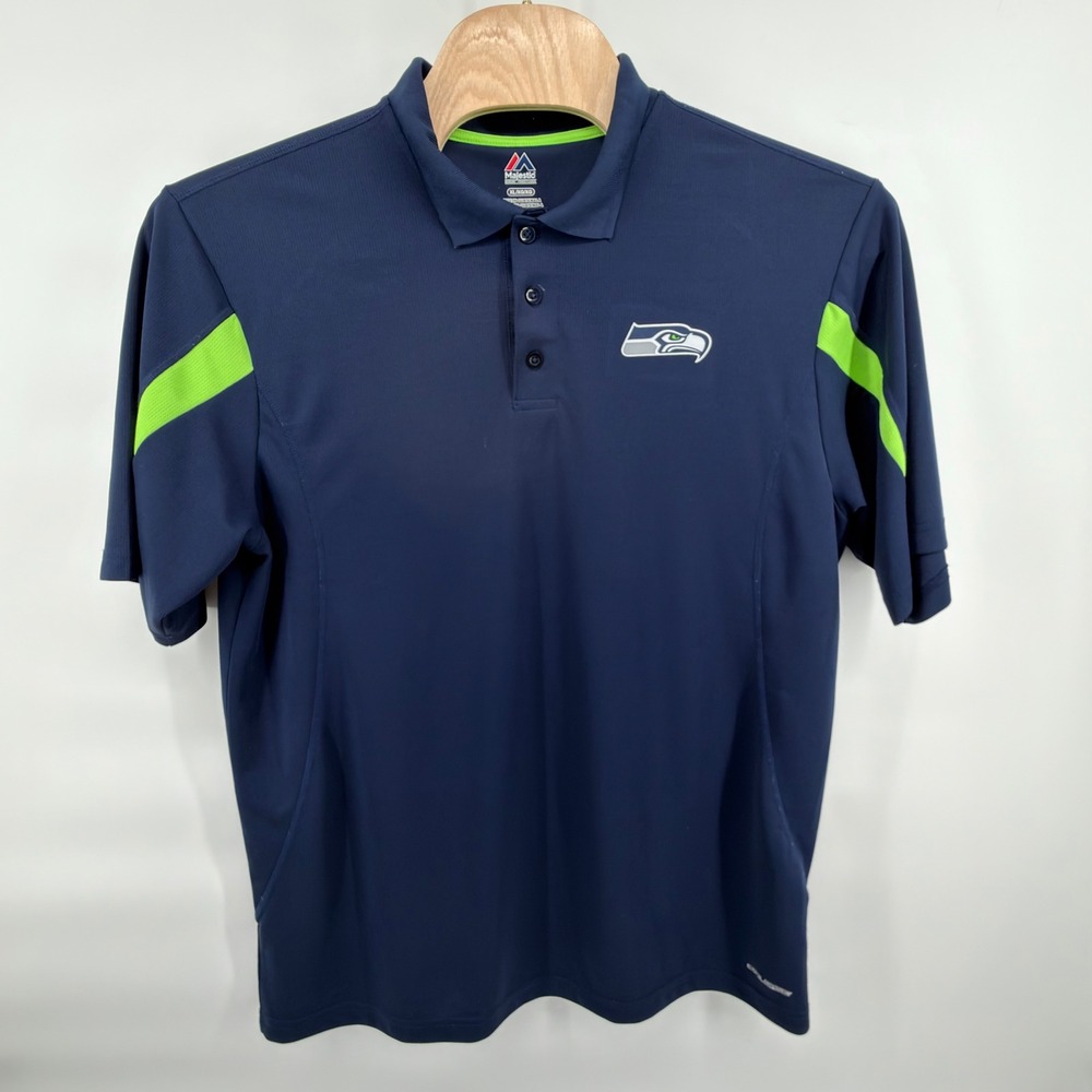 Majestic Polo Shirt Men XL Navy Blue Seattle Seahawks NFL Contrast Panels